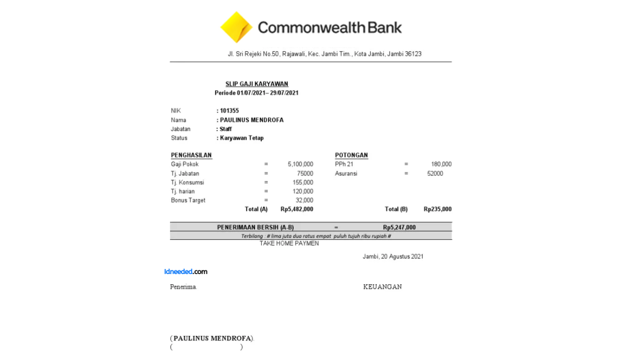 Contoh Slip Gaji Pegawai Bank Commonwealth