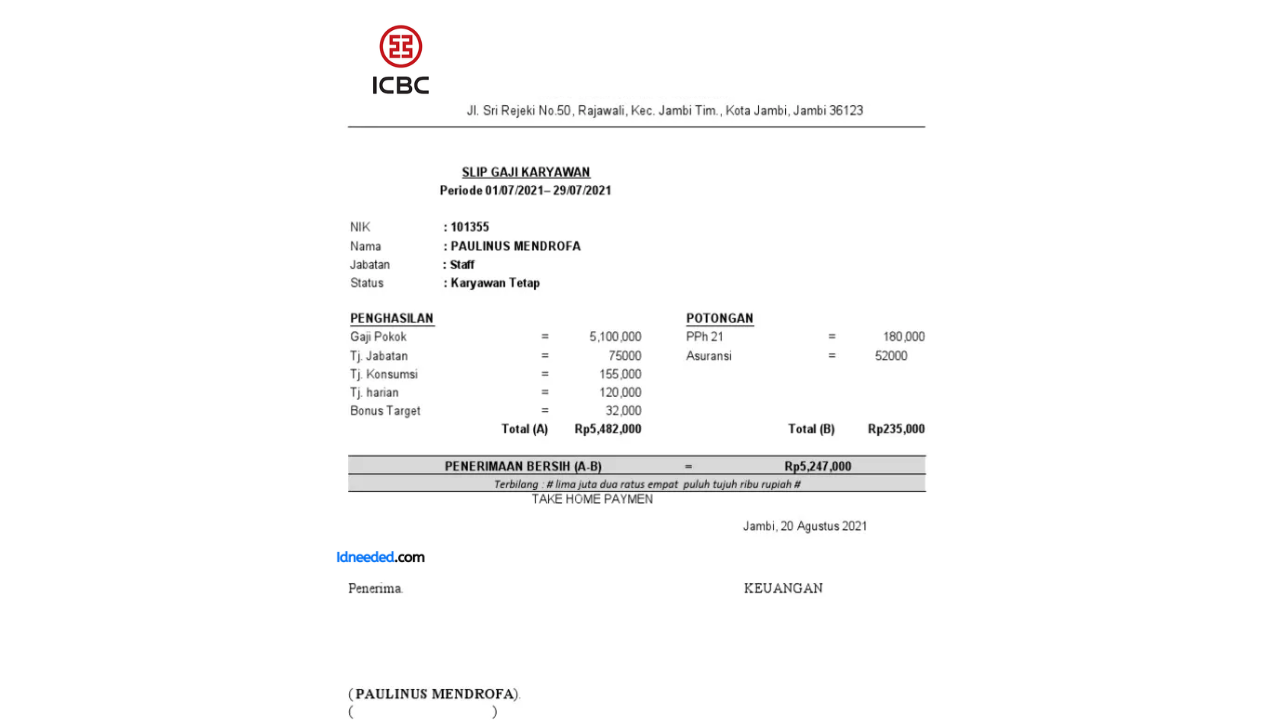 Contoh Slip Gaji Pegawai Bank ICBC Indonesia