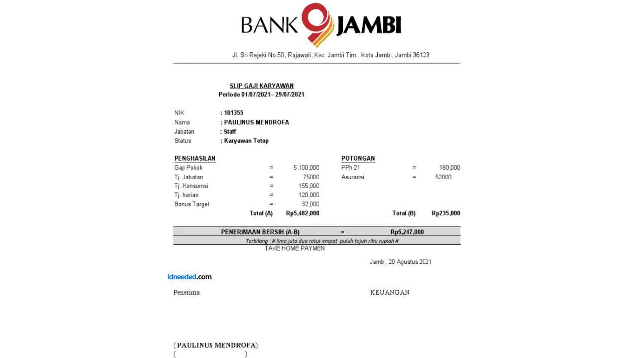 Contoh Slip Gaji Pegawai Bank Jambi