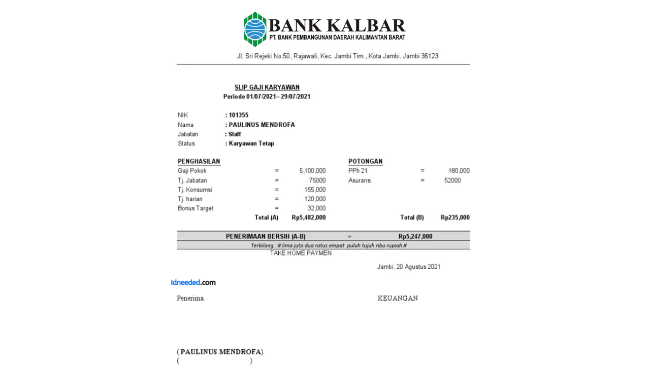 Contoh Slip Gaji Pegawai Bank Kalbar