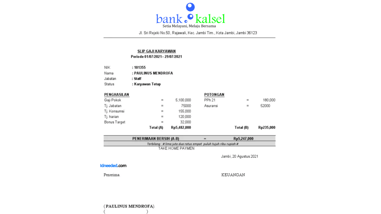 Contoh Slip Gaji Pegawai Bank Kalsel