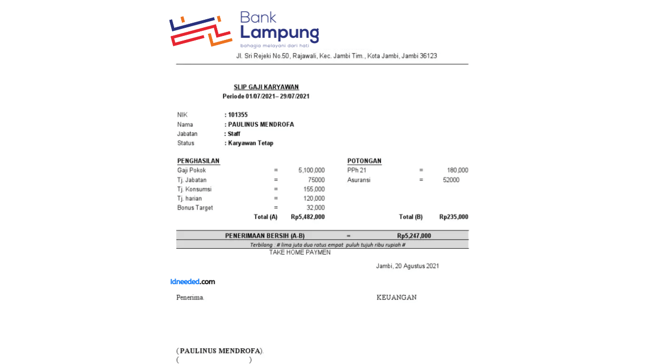 Contoh Slip Gaji Pegawai Bank Lampung