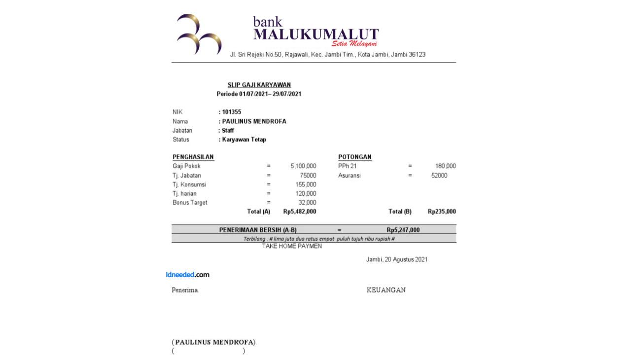 Contoh Slip Gaji Pegawai Bank Maluku Malut