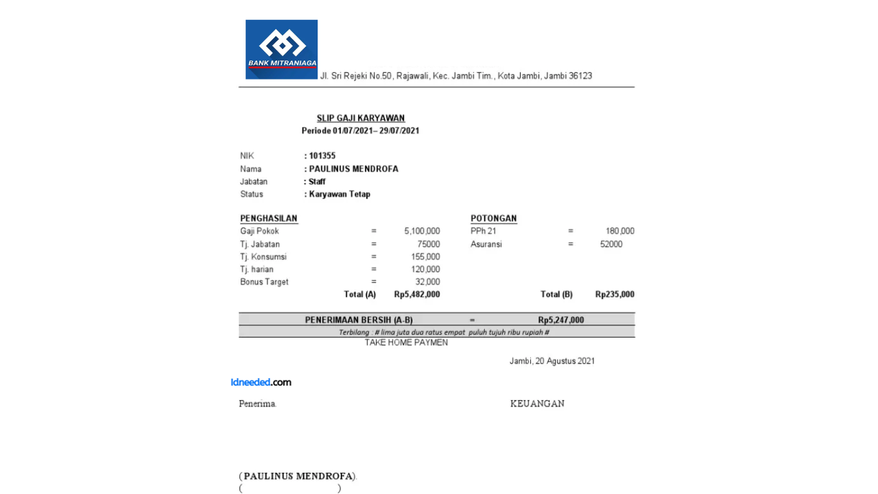 Contoh Slip Gaji Pegawai Bank Mitra Niaga