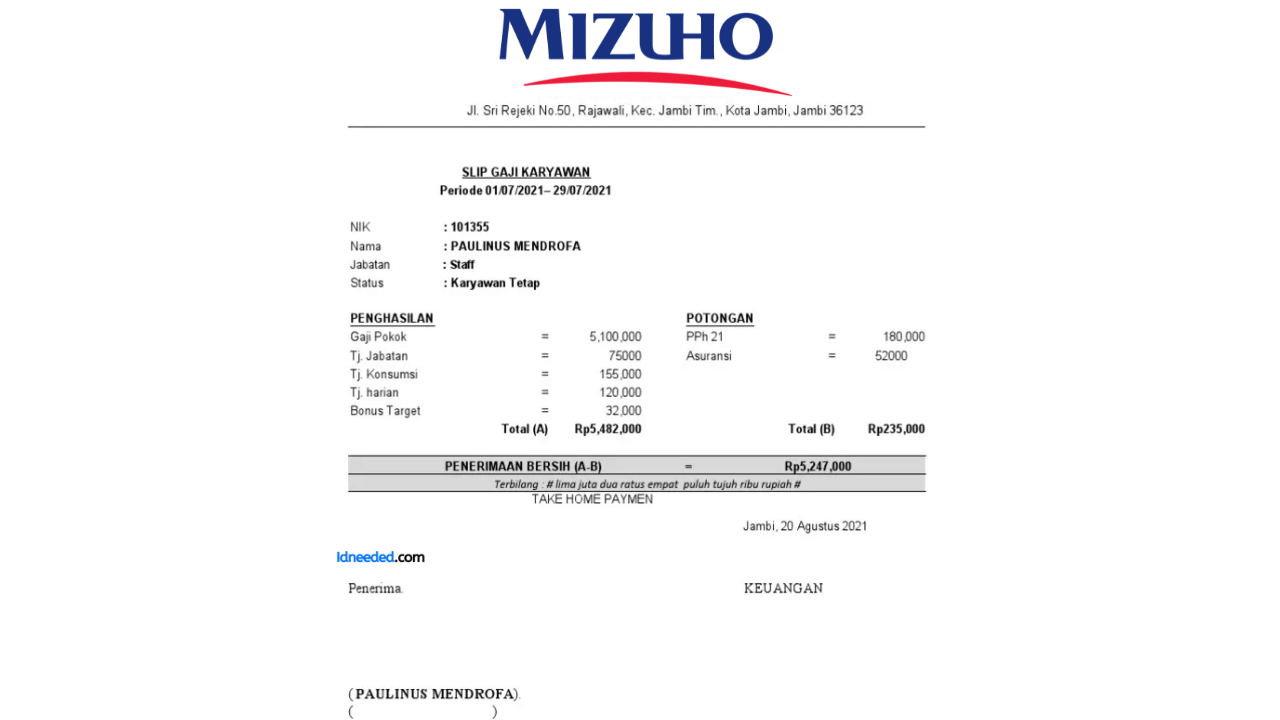 Contoh Slip Gaji Pegawai Bank Mizuho Indonesia