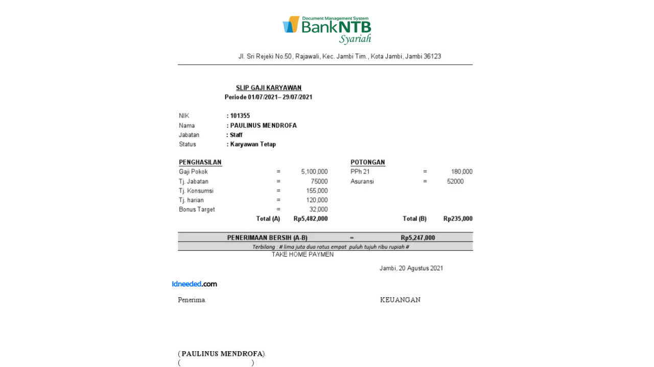 Contoh Slip Gaji Pegawai Bank NTB Syariah