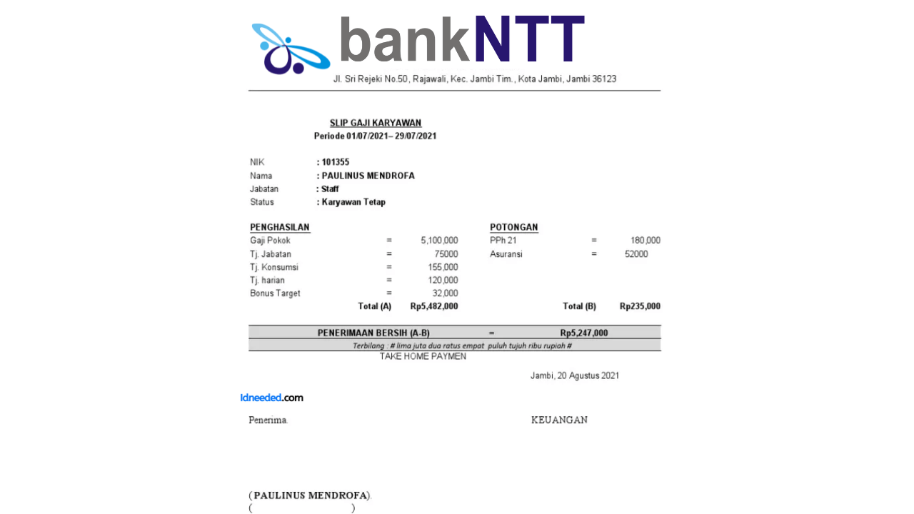 Contoh Slip Gaji Pegawai Bank NTT