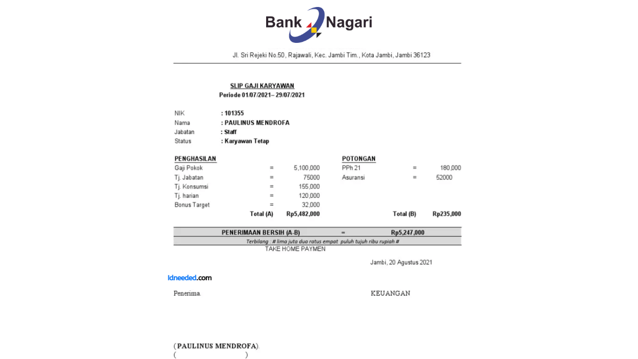 Contoh Slip Gaji Pegawai Bank Nagari