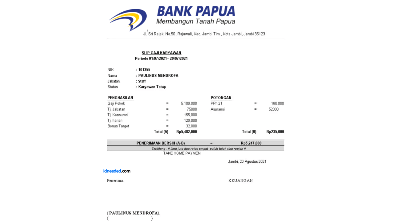 Contoh Slip Gaji Pegawai Bank Papua