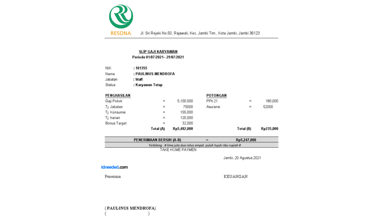 Contoh Slip Gaji Pegawai Bank Resona Perdania