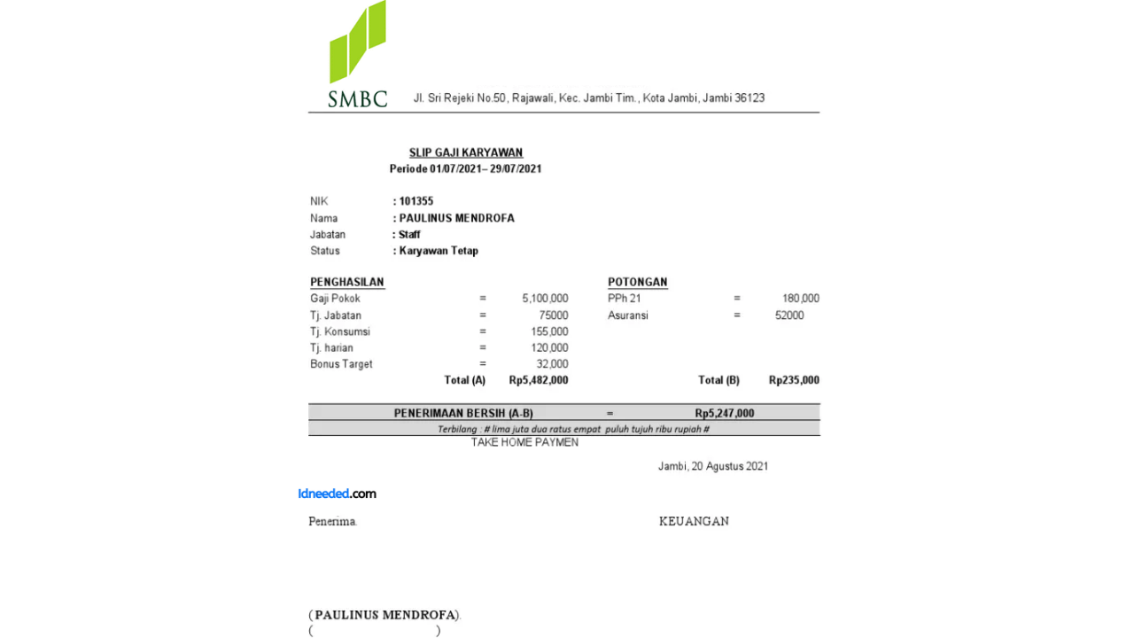 Contoh Slip Gaji Pegawai Bank SMBC Indonesia