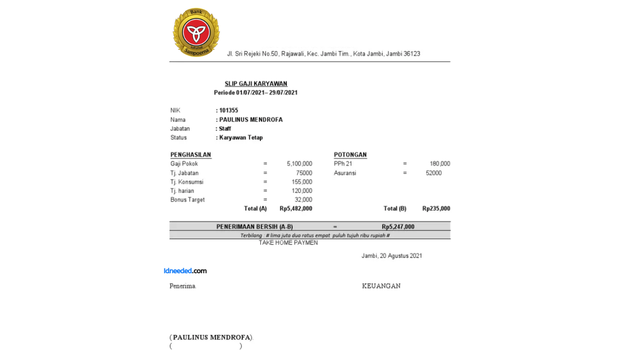 Contoh Slip Gaji Pegawai Bank Sahabat Sampoerna