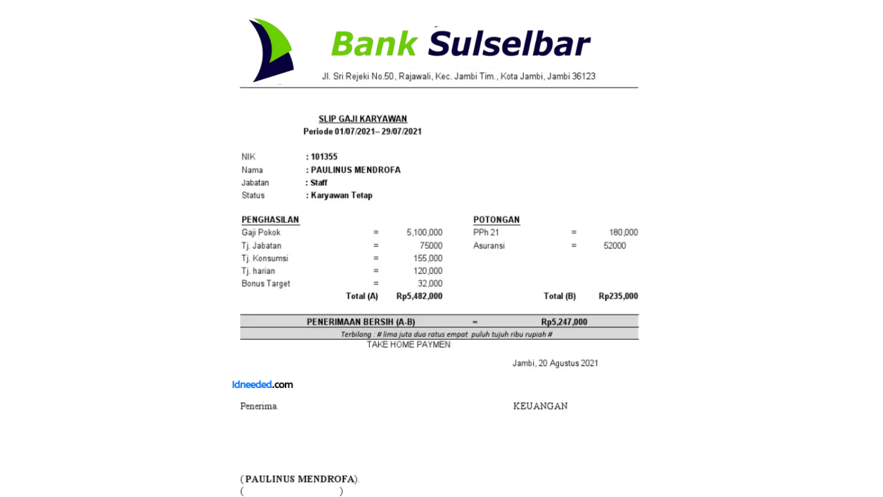 Contoh Slip Gaji Pegawai Bank Sulselbar