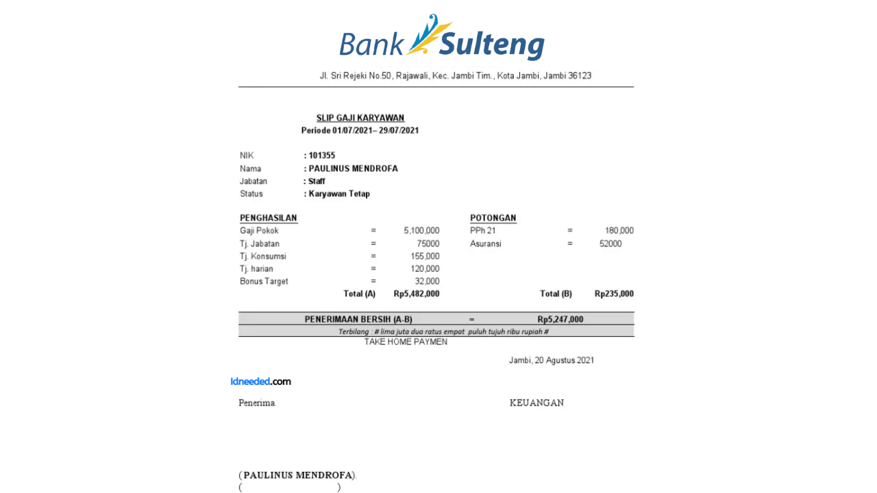 Contoh Slip Gaji Pegawai Bank Sulteng