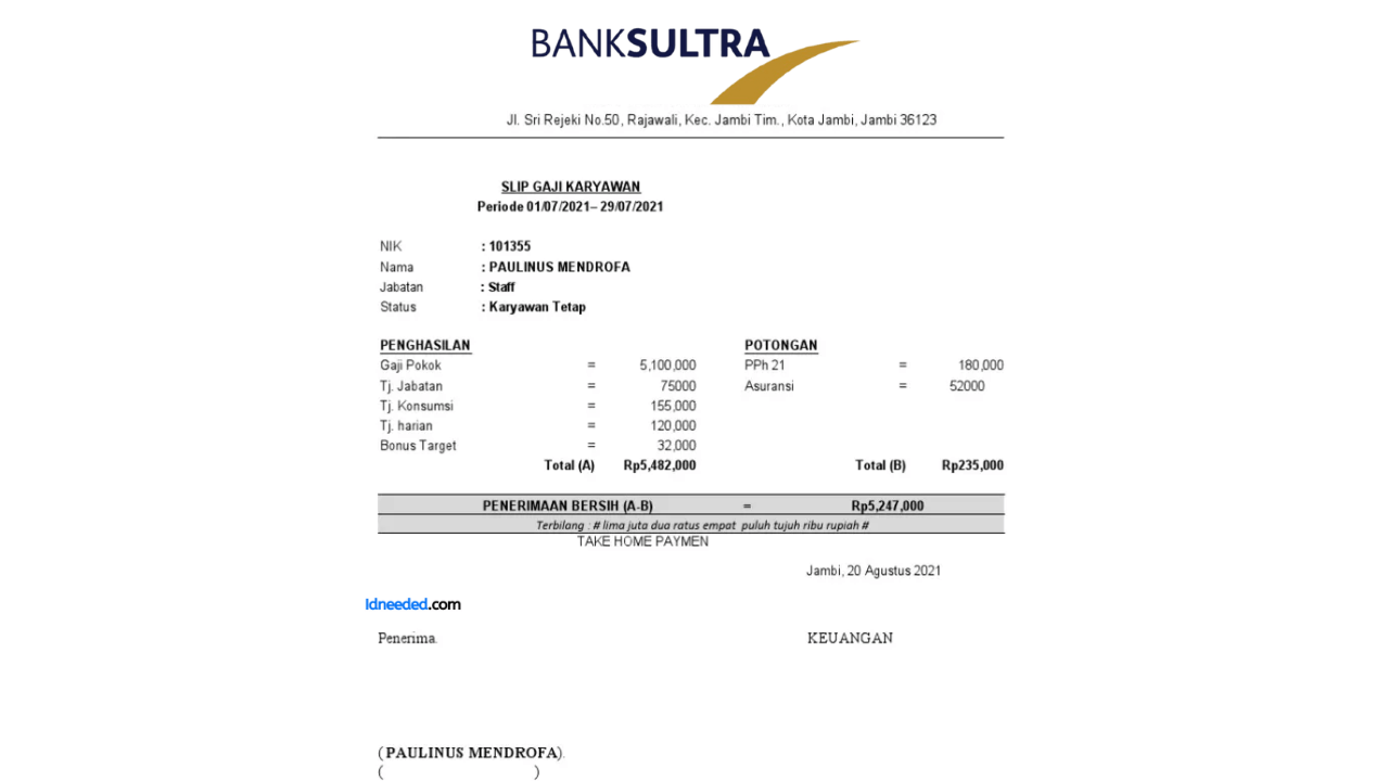 Contoh Slip Gaji Pegawai Bank Sultra