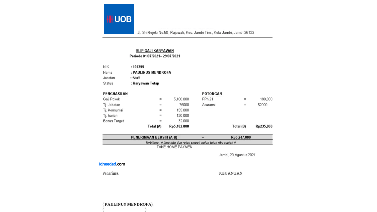 Contoh Slip Gaji Pegawai Bank UOB Indonesia