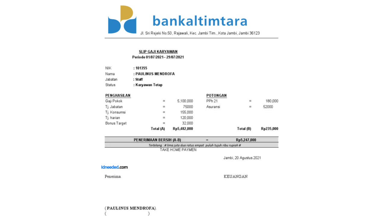 Contoh Slip Gaji Pegawai Bankaltimtara