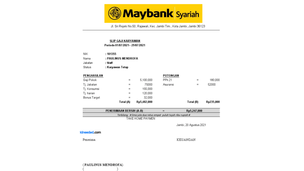 Contoh Slip Gaji Pegawai Maybank Syariah Indonesia