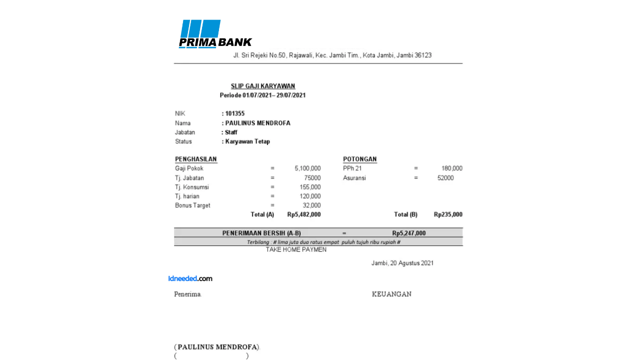 Contoh Slip Gaji Pegawai Prima Master Bank