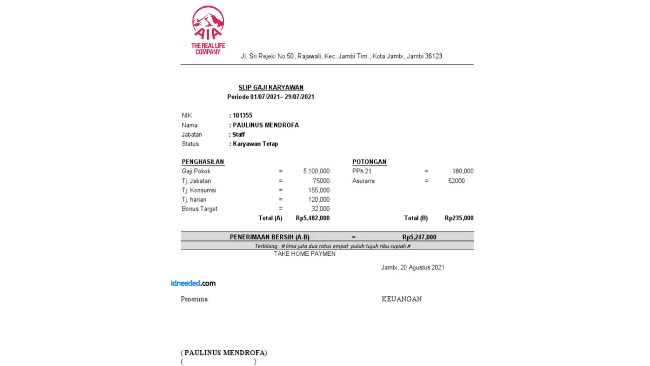 Contoh Slip Gaji Karyawan AIA Financial