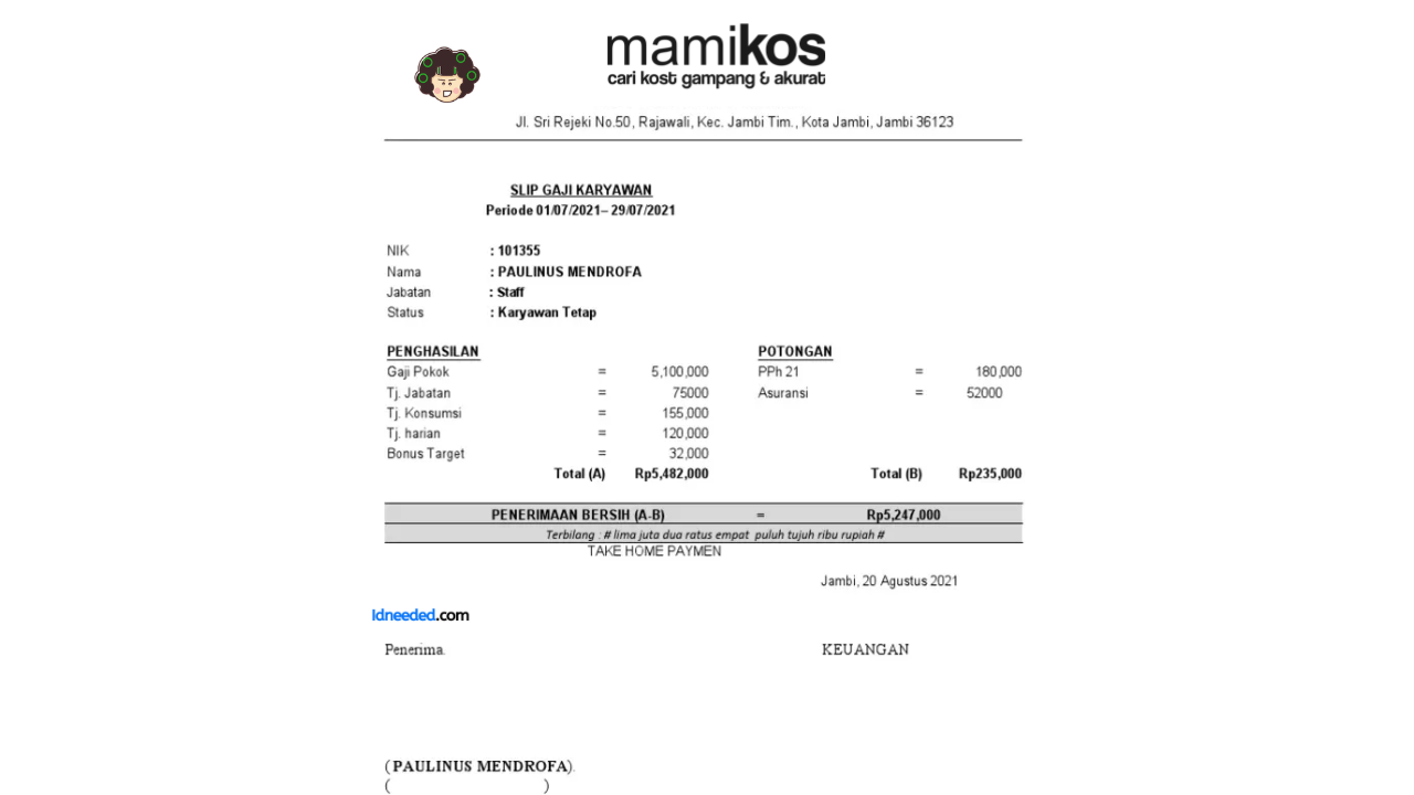 Contoh Slip Gaji Karyawan Mamikos