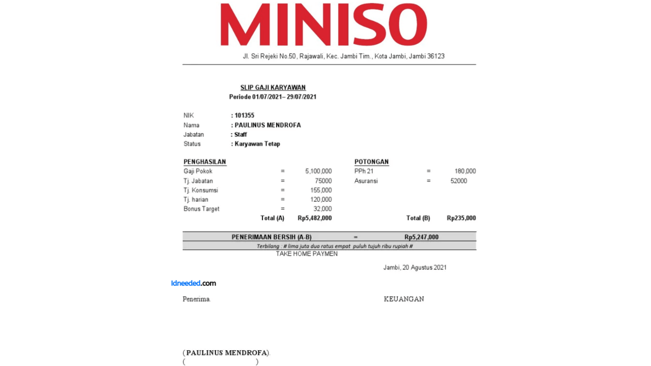 Contoh Slip Gaji Karyawan Miniso