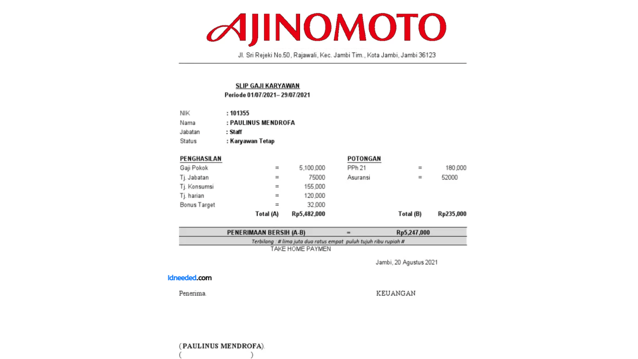 Contoh Slip Gaji Karyawan PT Ajinomoto Indonesia