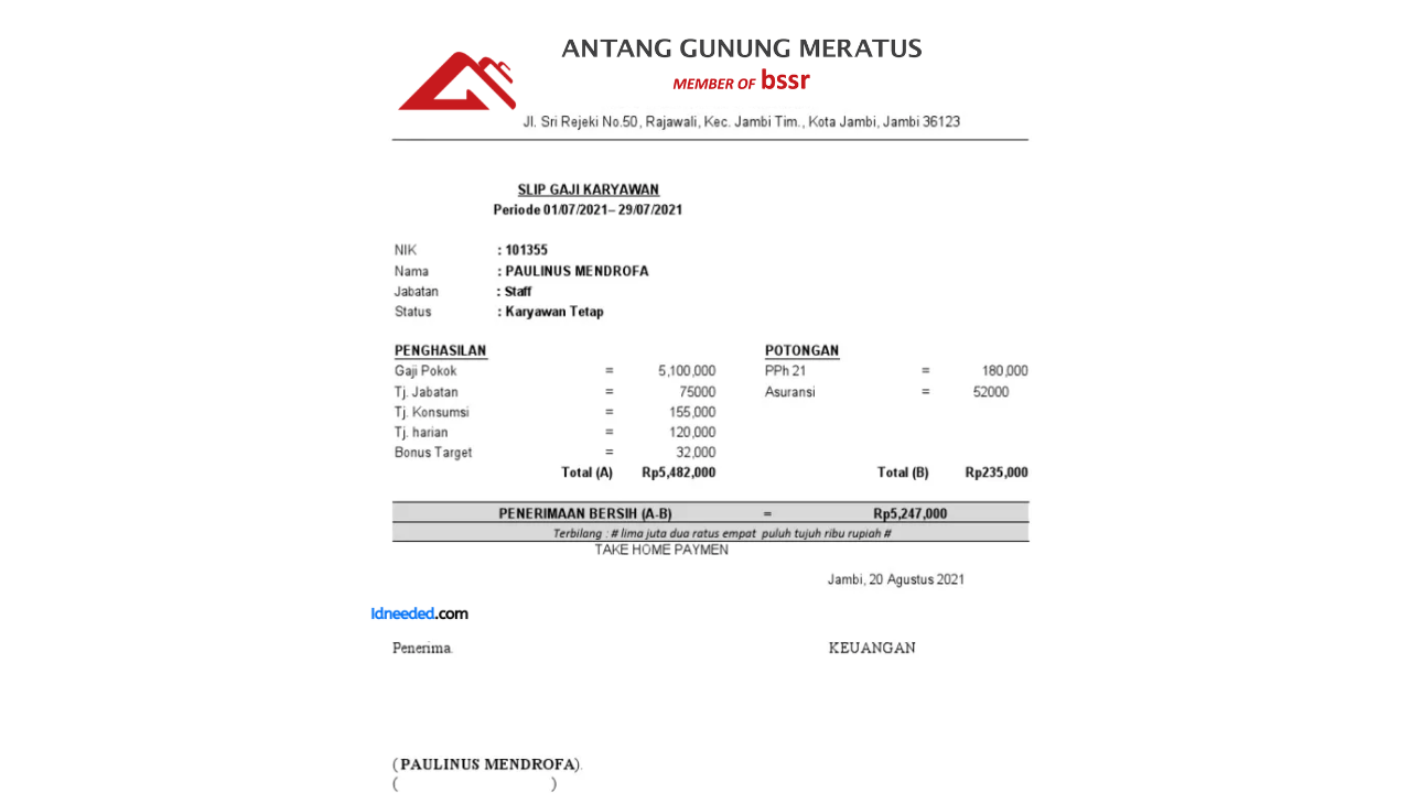 Contoh Slip Gaji Karyawan PT Antang Gunung Meratus