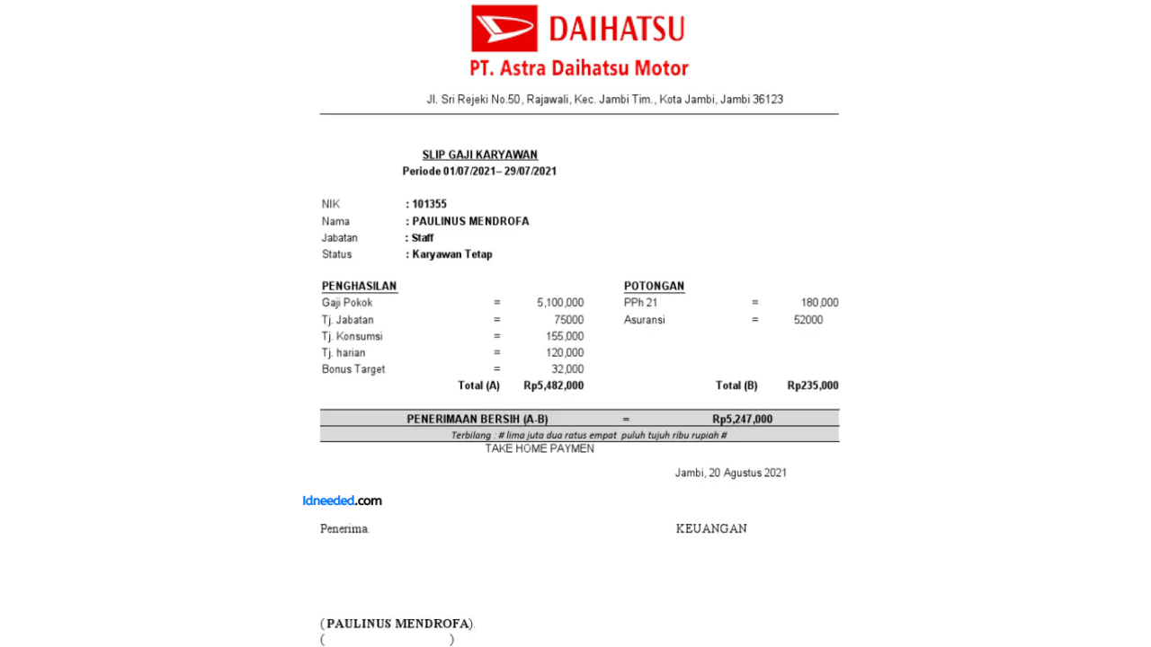 Contoh Slip Gaji Karyawan PT Astra Daihatsu Motor