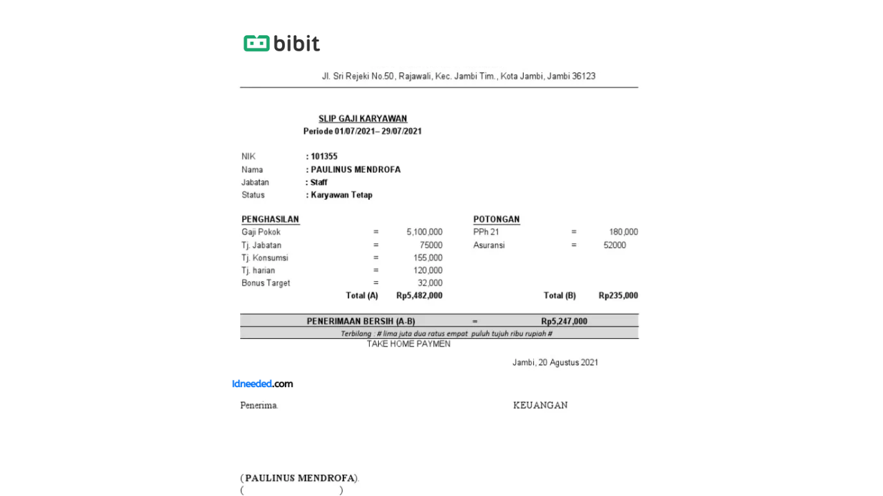 Contoh Slip Gaji Karyawan PT Bibit Tumbuh Bersama