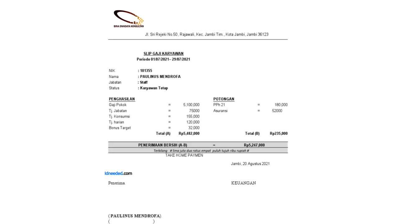 Contoh Slip Gaji Karyawan PT Bina Swadaya Konsultan