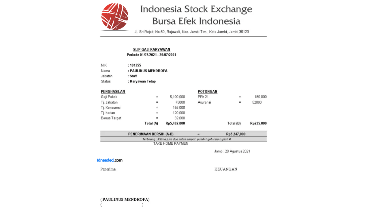 Contoh Slip Gaji Karyawan PT Bursa Efek Indonesia