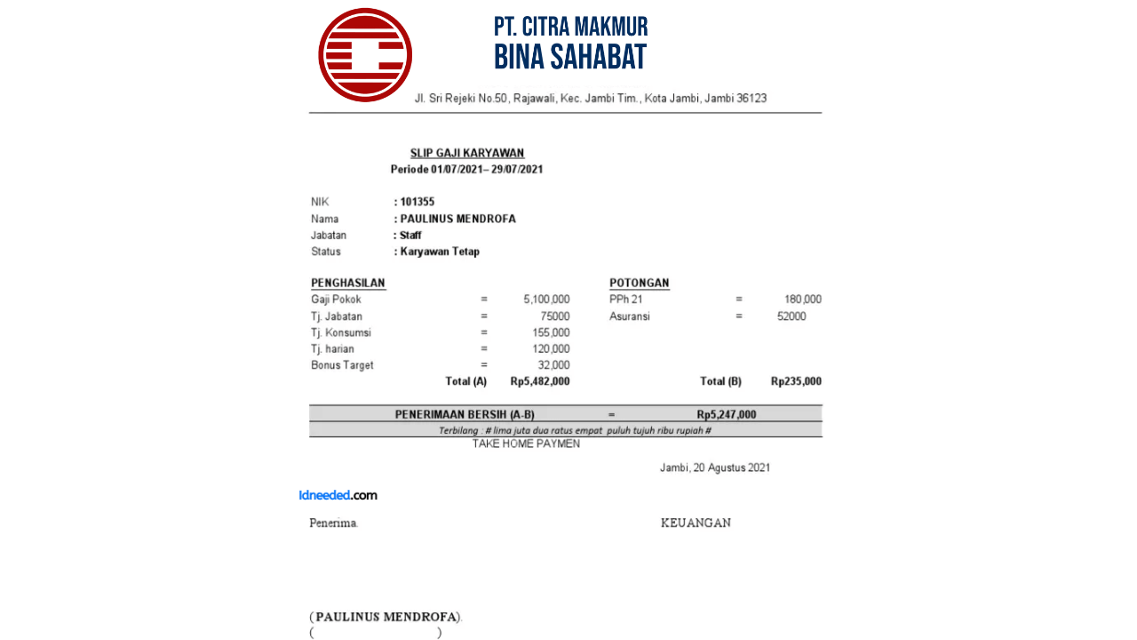 Contoh Slip Gaji Karyawan PT Citra Makmur Bina Sahabat