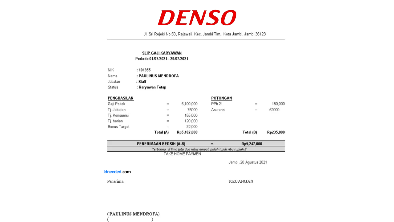 Contoh Slip Gaji Karyawan PT Denso Indonesia