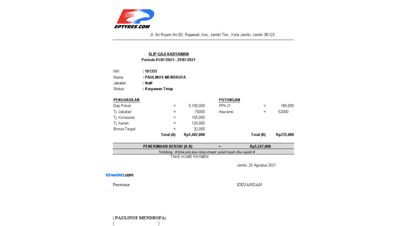 Contoh Slip Gaji Karyawan PT Elangperdana Tyre Industry