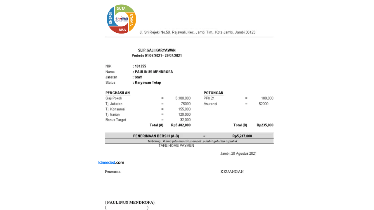 Contoh Slip Gaji Karyawan PT Energi Duta Utama