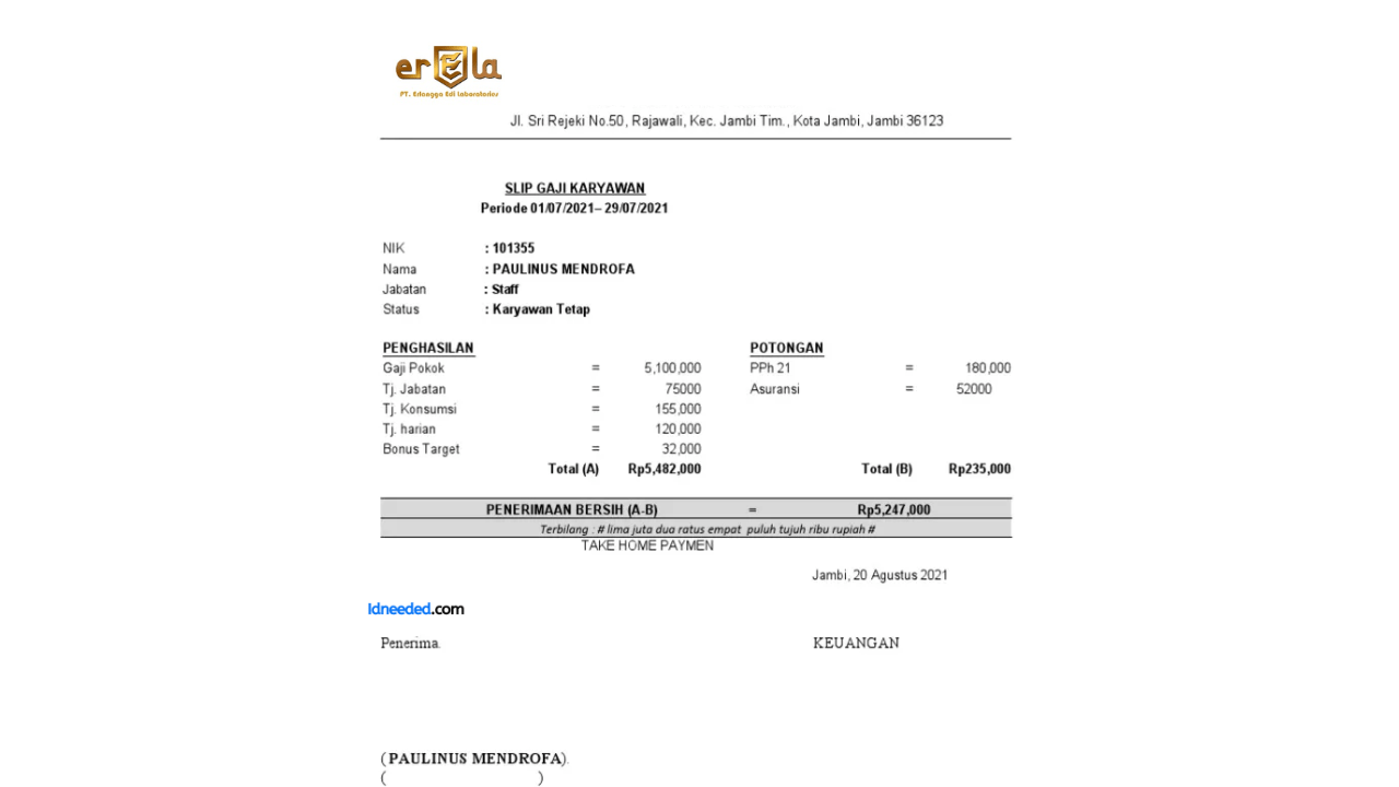 Contoh Slip Gaji Karyawan PT Erlangga Edi Laboratories