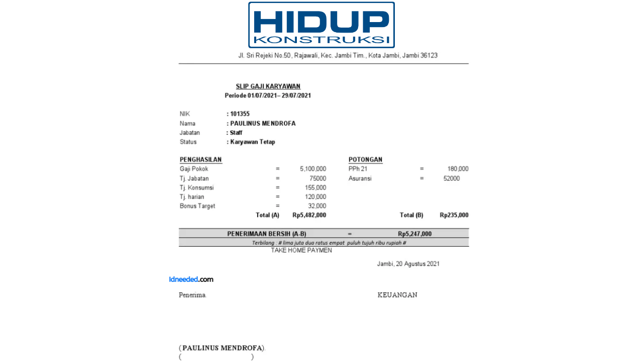 Contoh Slip Gaji Karyawan PT Hidup Cahaya Konstruksi