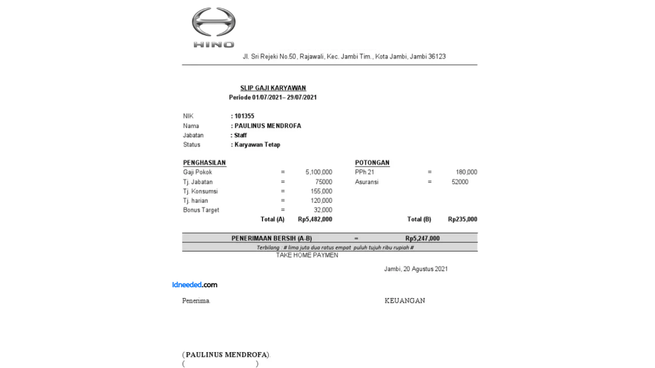 Contoh Slip Gaji Karyawan PT Hino Motor Manufacturing Indonesia