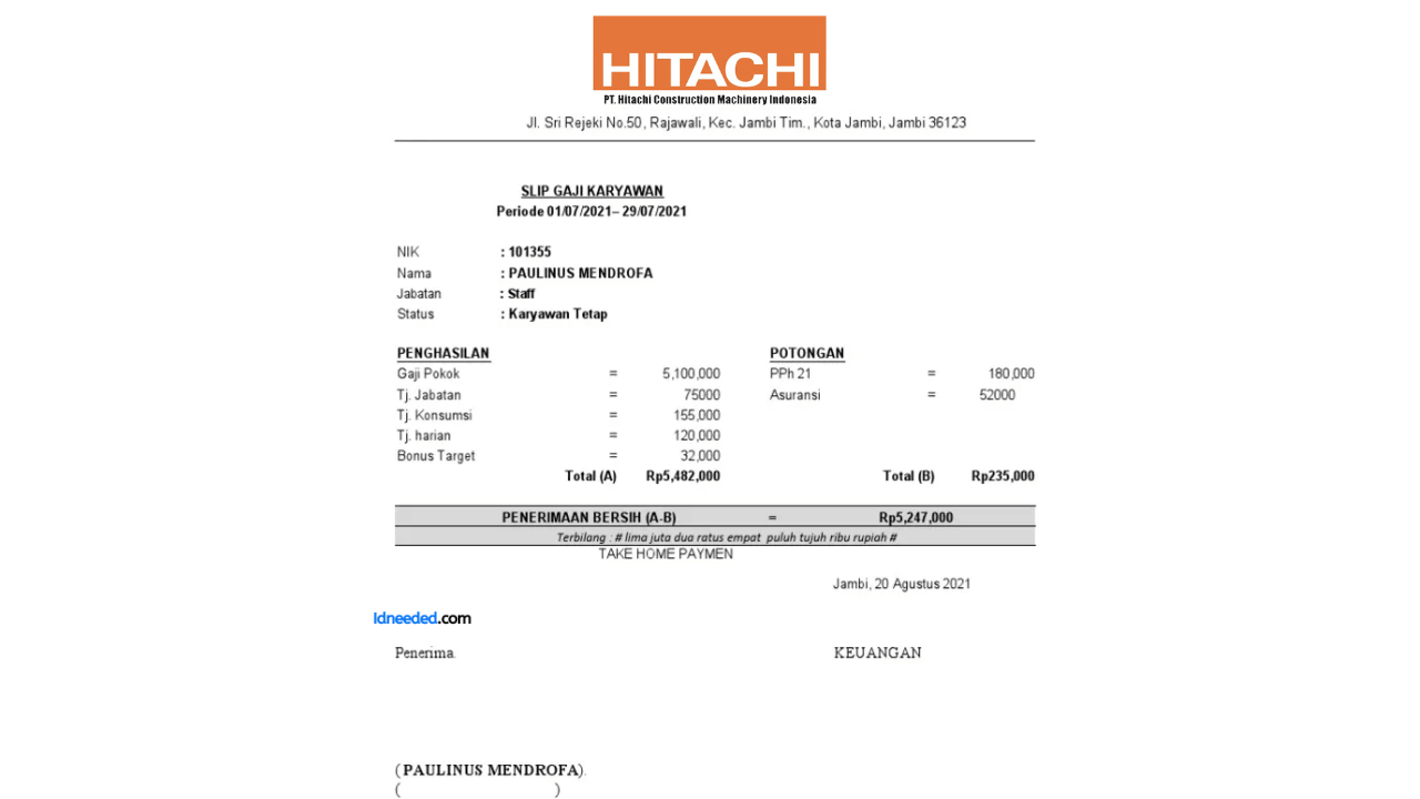 Contoh Slip Gaji Karyawan PT Hitachi Construction Machinery