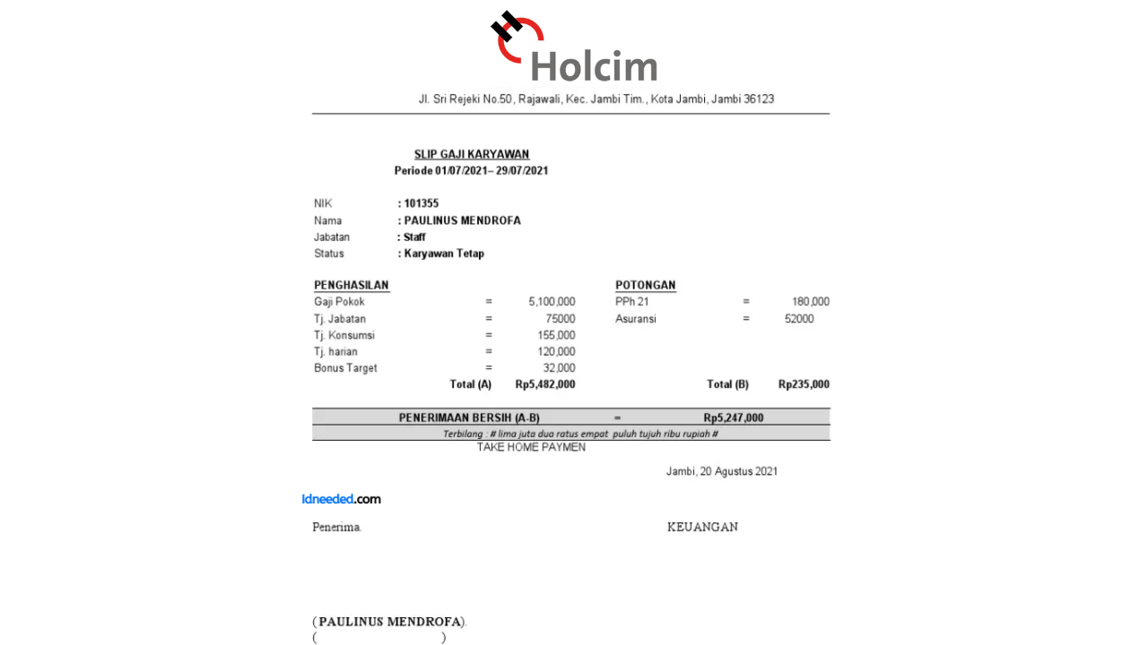 Contoh Slip Gaji Karyawan PT Holcim Indonesia Tbk