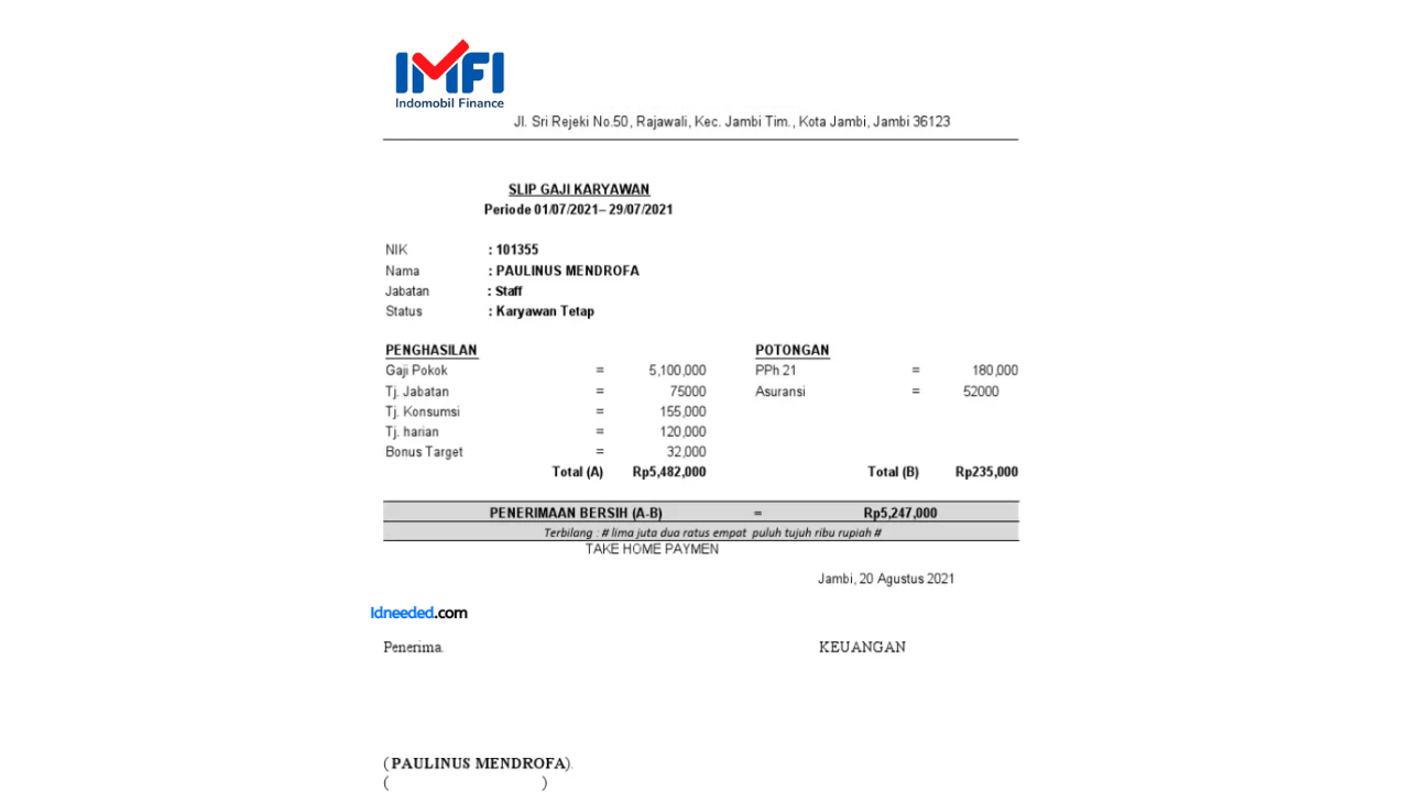 Contoh Slip Gaji Karyawan PT Indomobil Finance