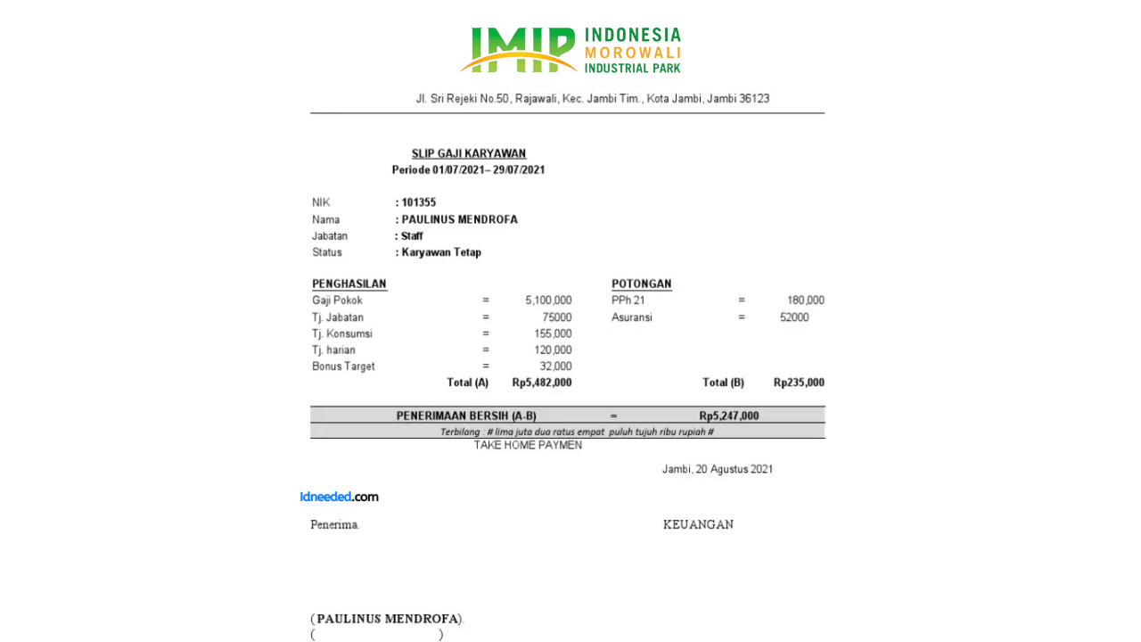 Contoh Slip Gaji Karyawan PT Indonesia Morowali Industrial Park