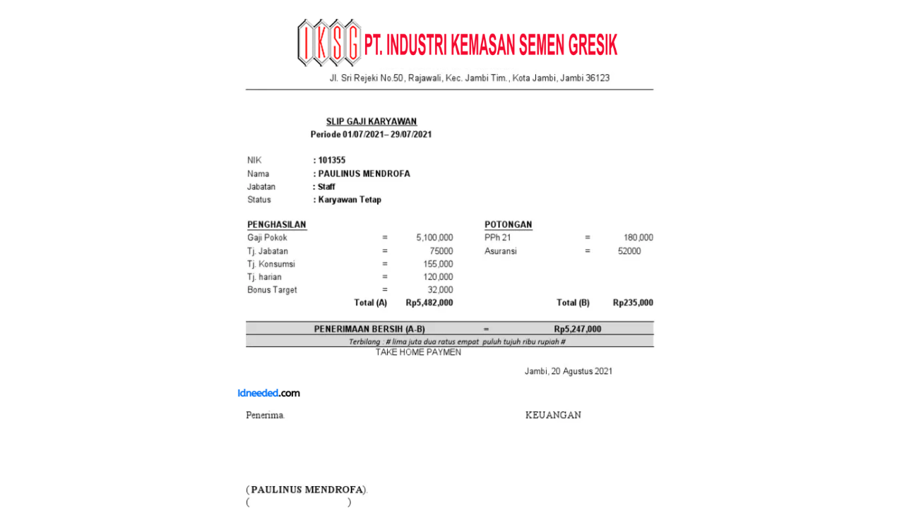 Contoh Slip Gaji Karyawan PT Industri Kemasan Semen Gresik