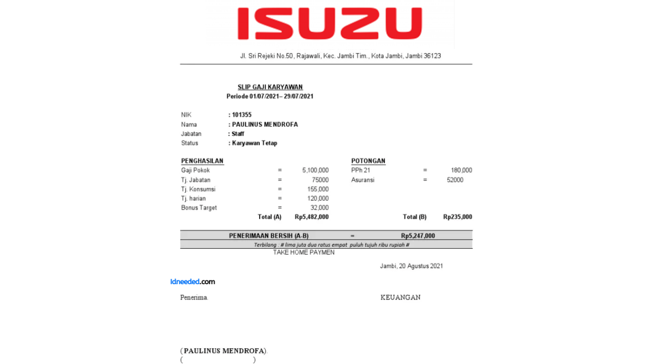 Contoh Slip Gaji Karyawan PT Isuzu Astra Motor Indonesia