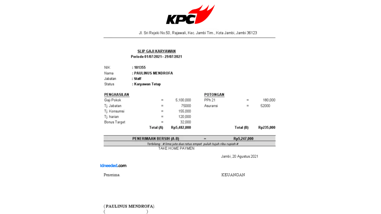 Contoh Slip Gaji Karyawan PT Kaltim Prima Coal