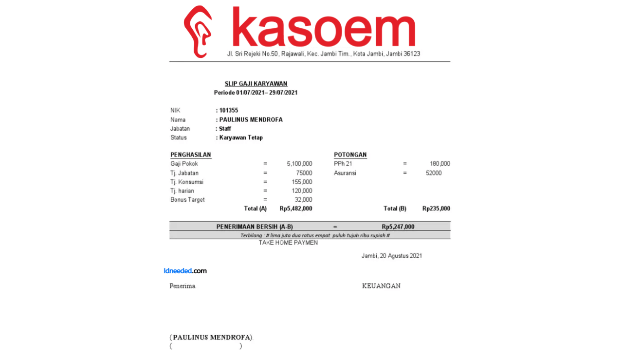 Contoh Slip Gaji Karyawan PT Kasoem Hearing Center