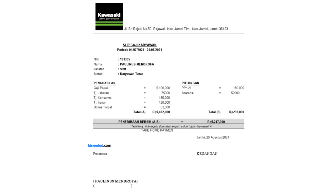 Contoh Slip Gaji Karyawan PT Kawasaki Motor Indonesia