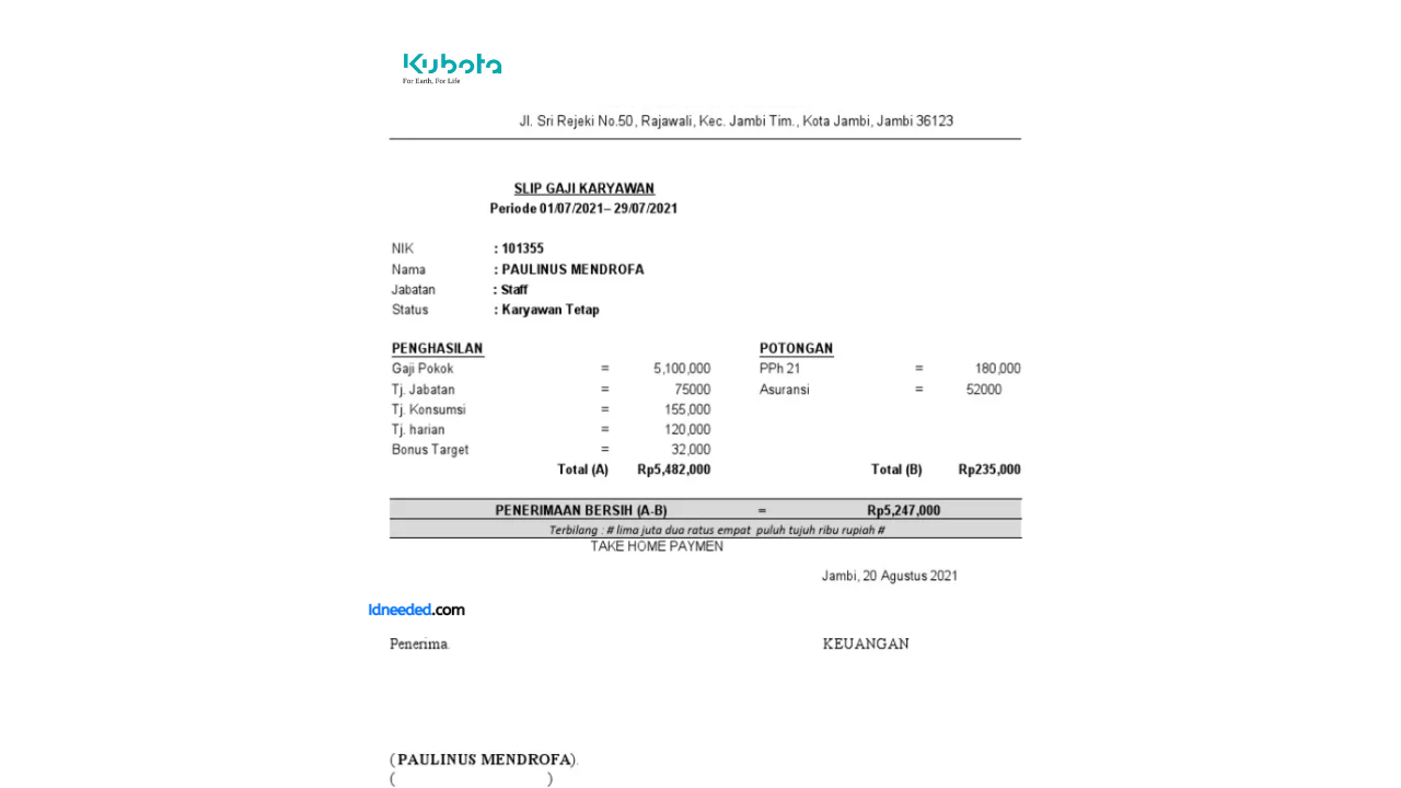 Contoh Slip Gaji Karyawan PT Kubota Indonesia