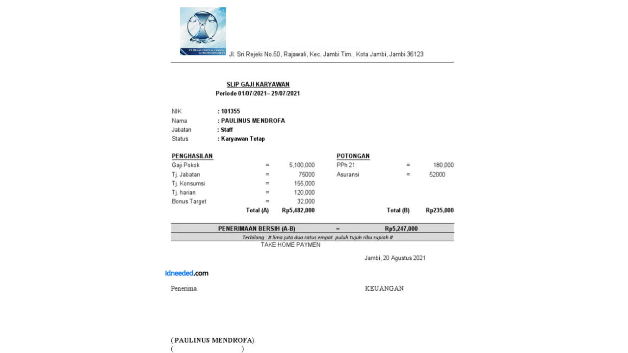 Contoh Slip Gaji Karyawan PT Medan Tropical Canning & Frozen Industries